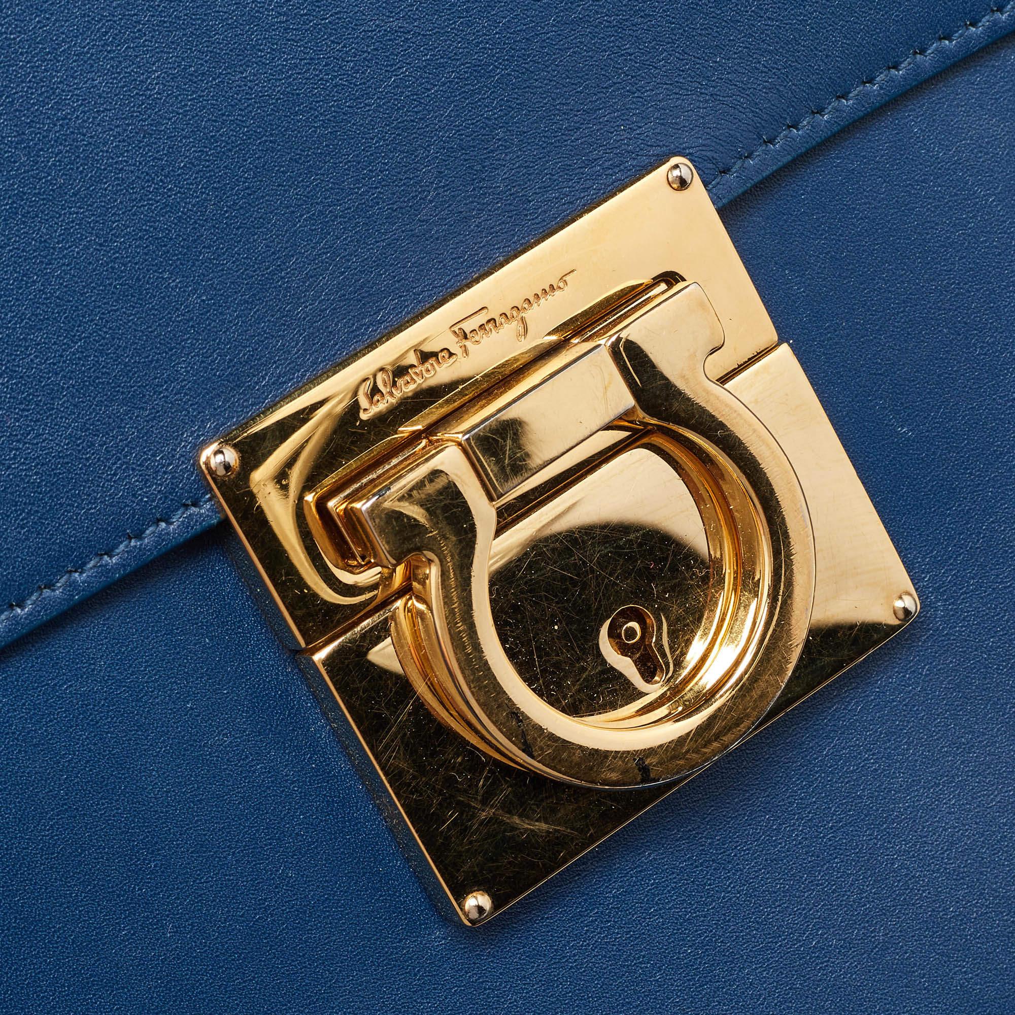 Salvatore Ferragamo Navy Blue Leather Gancio Lock Shoulder Bag 1