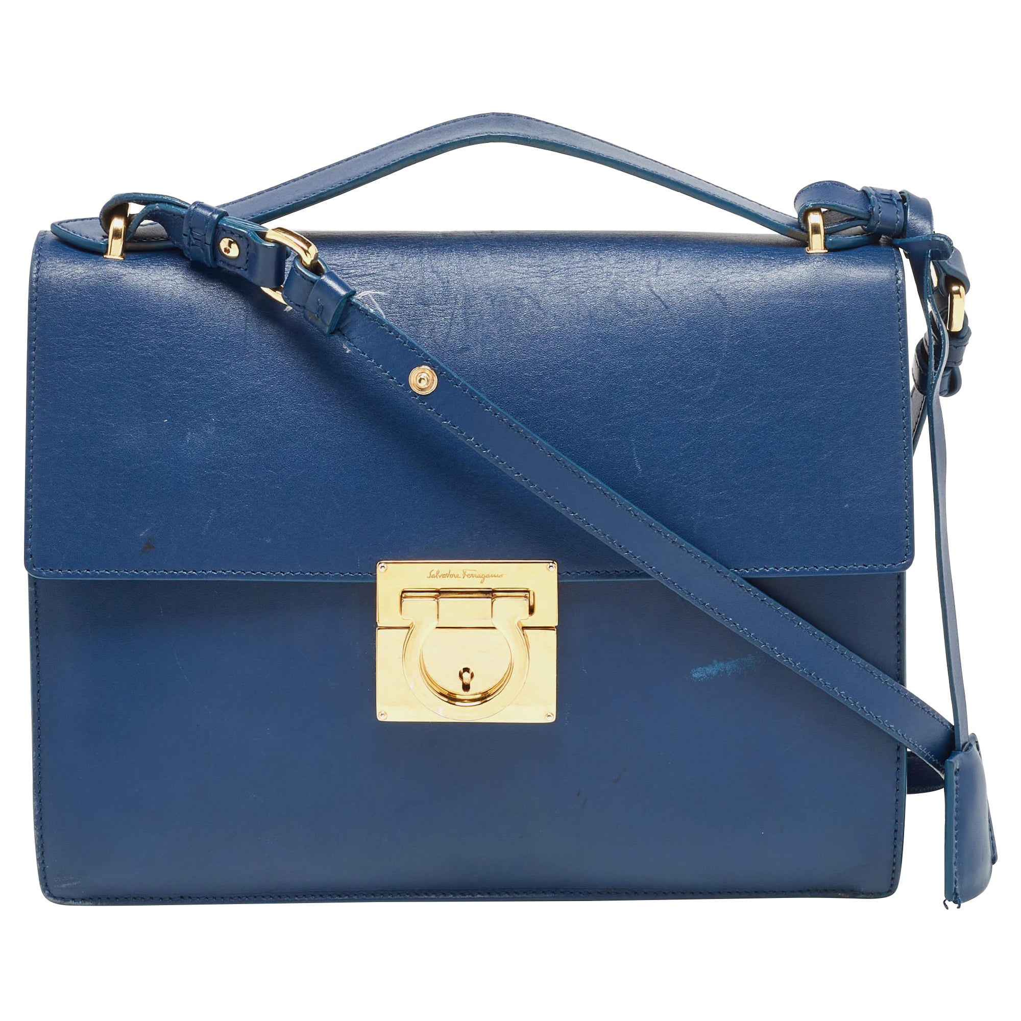 Salvatore Ferragamo Navy Blue Leather Gancio Lock Shoulder Bag