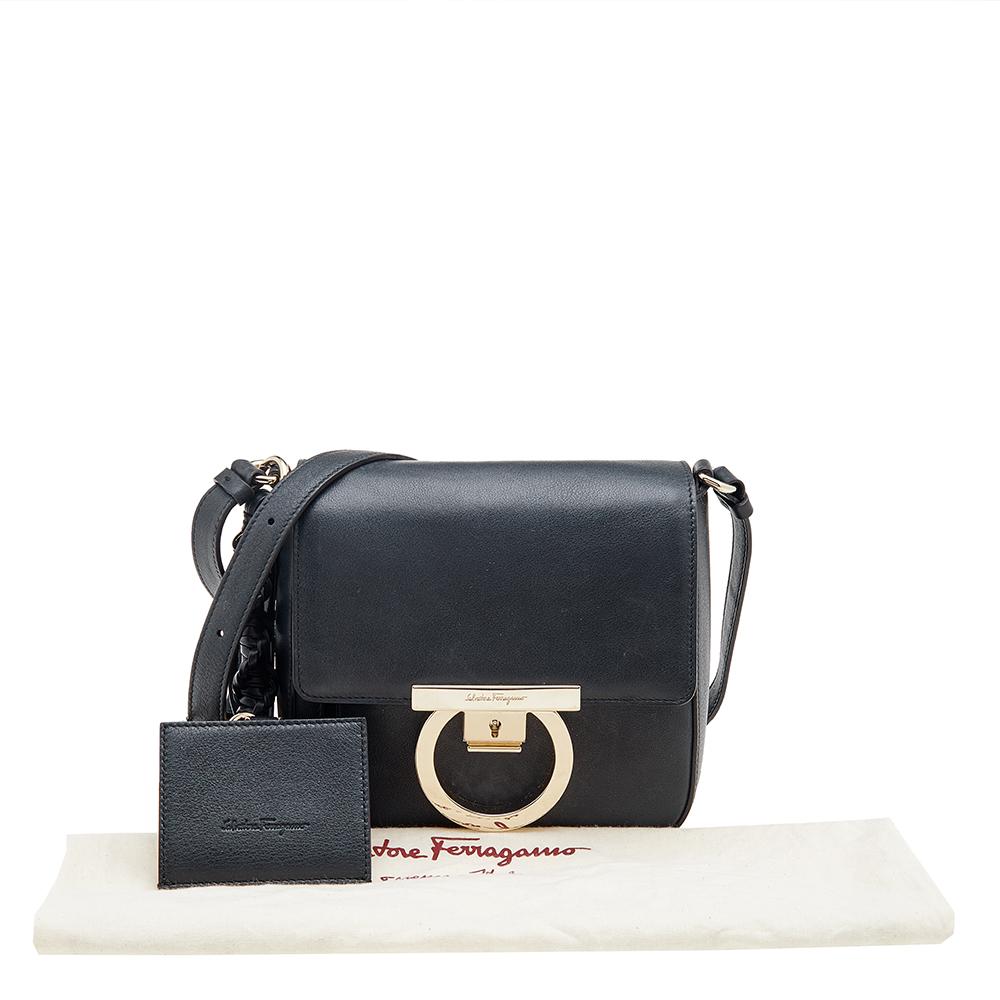 Salvatore Ferragamo Navy Blue Leather Gancio Shoulder Bag at 1stDibs