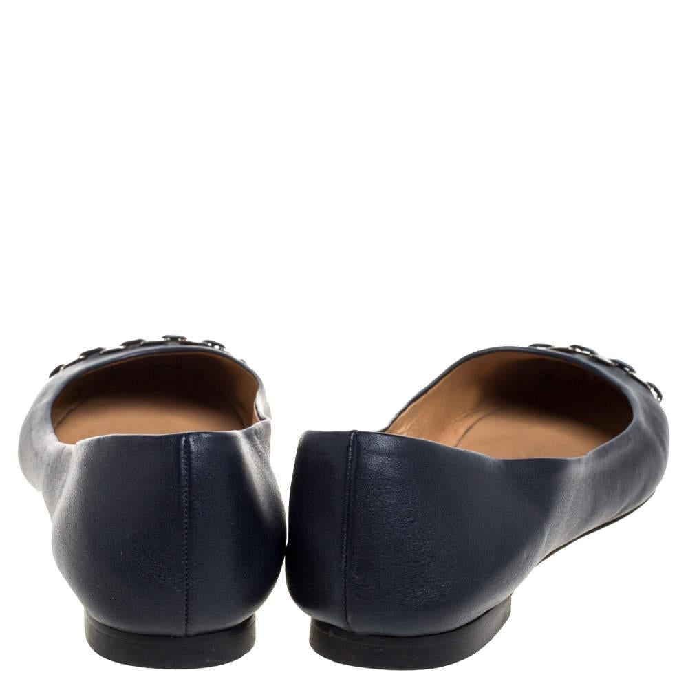 Women's Salvatore Ferragamo Navy Blue Leather Pim Chain Ballet Flats Size 38