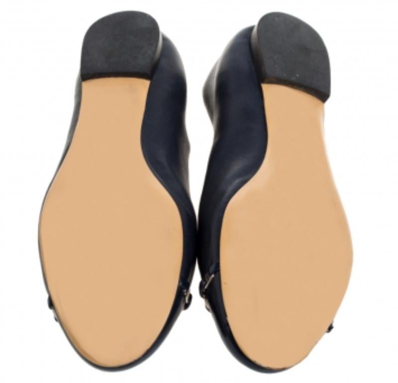 Salvatore Ferragamo Navy Blue Leather Pim Chain Ballet Flats Size 38 For Sale 2