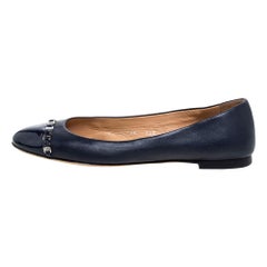 Salvatore Ferragamo Navy Blue Leather Pim Chain Ballet Flats Size 38