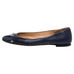 Salvatore Ferragamo Navy Blue Leather Pim Chain Ballet Flats Size 38