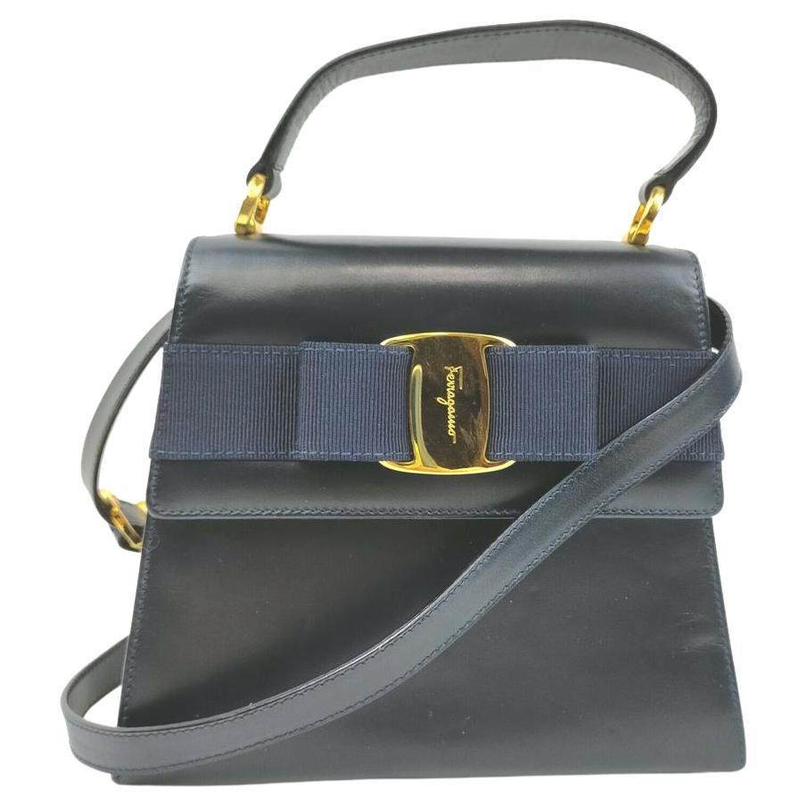 Salvatore Ferragamo Navy Blue Leather Top Handle Kelly 2way Shoulder Bag 861757 For Sale