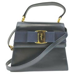 Salvatore Ferragamo Navy Blue Leather Top Handle Kelly 2way Shoulder Bag 861757