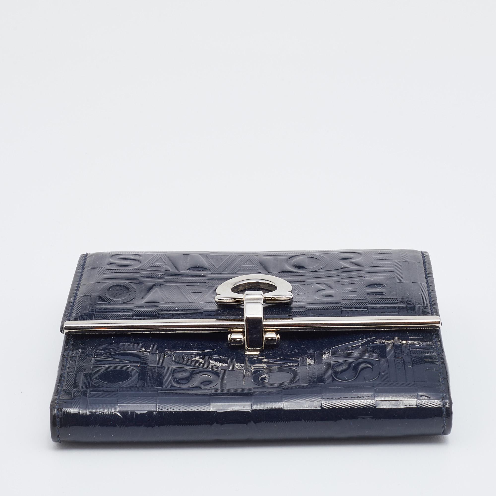 Salvatore Ferragamo Navy Blue Logo Embossed Patent Leather Gancini French Wallet 4
