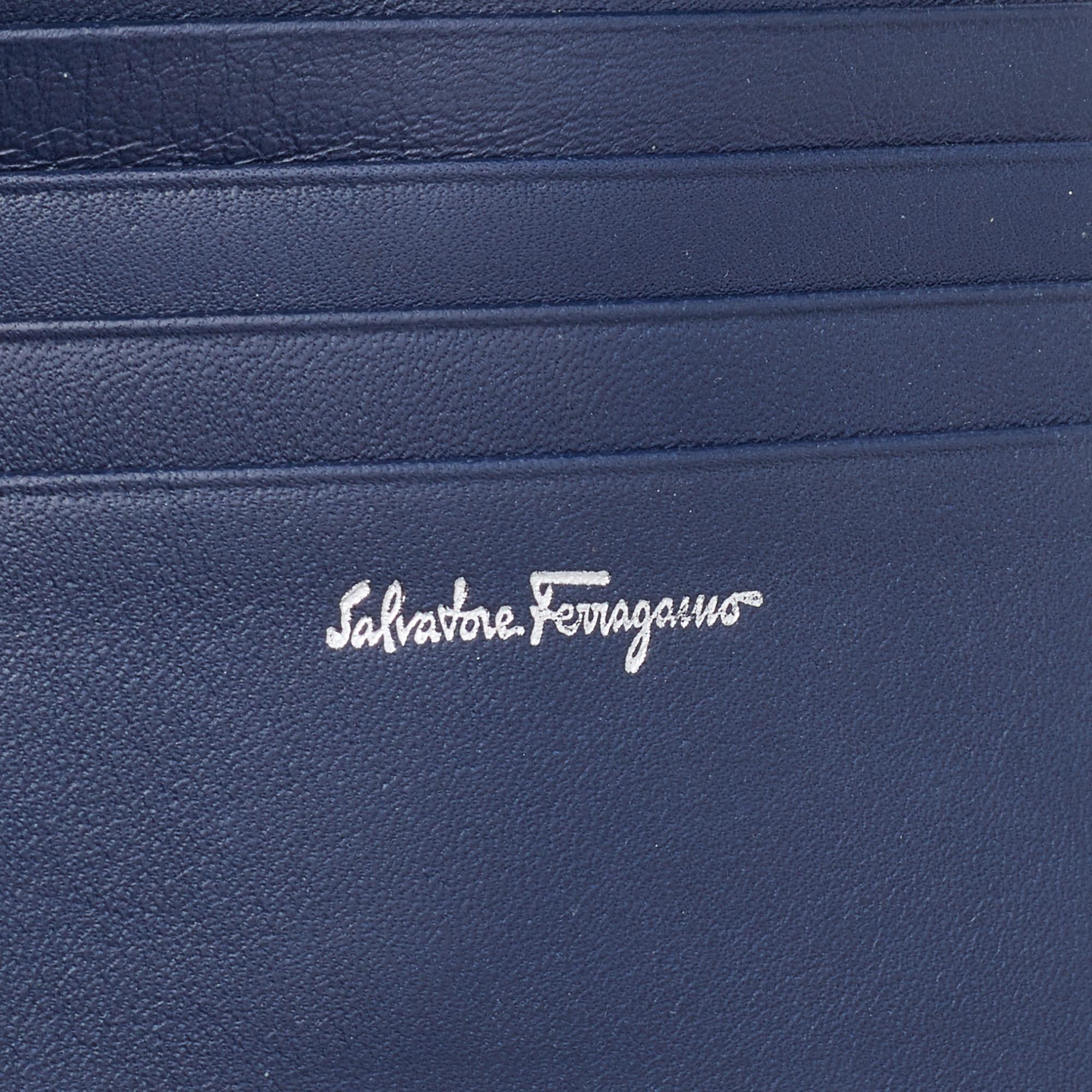 Black Salvatore Ferragamo Navy Blue Logo Embossed Patent Leather Gancini French Wallet