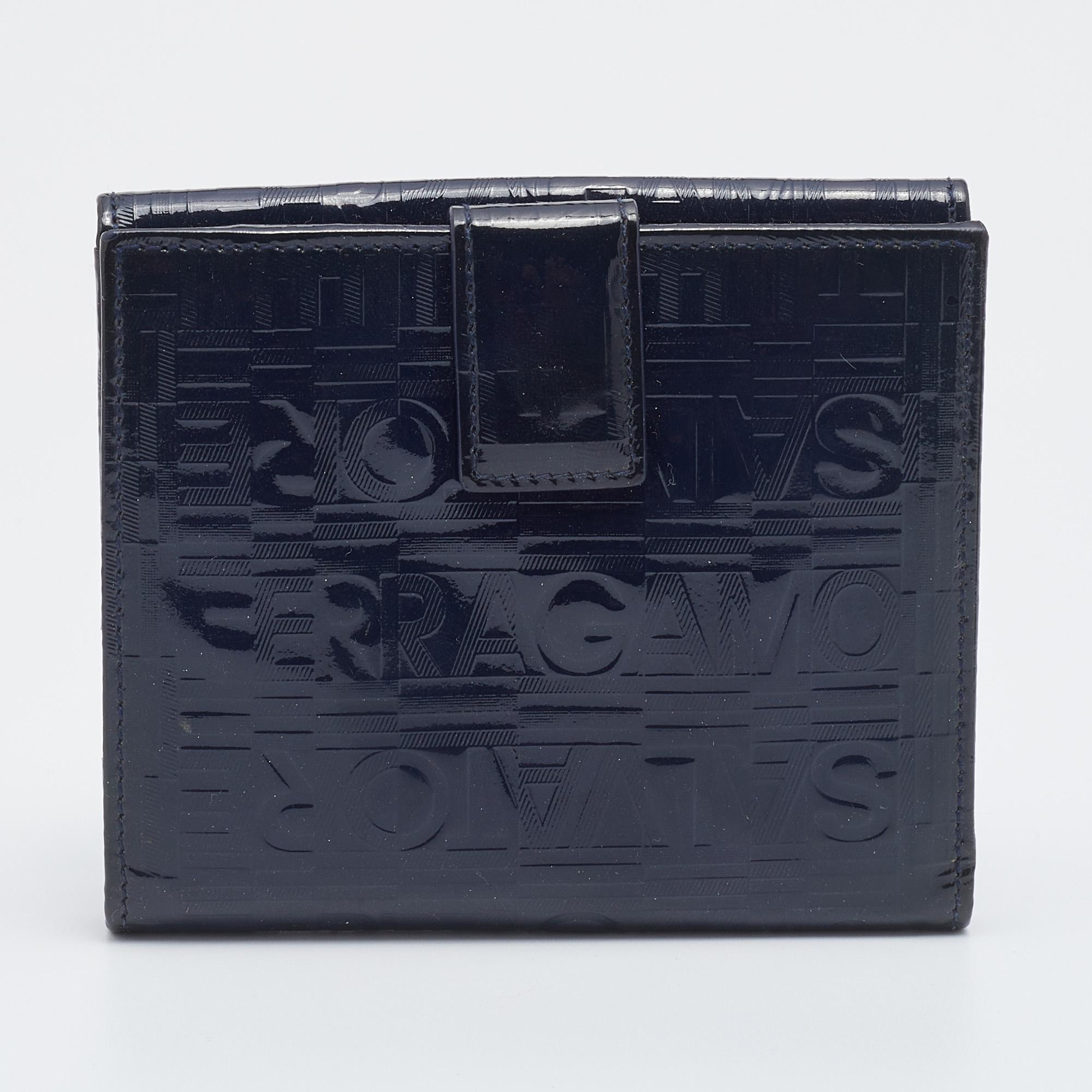 Women's Salvatore Ferragamo Navy Blue Logo Embossed Patent Leather Gancini French Wallet