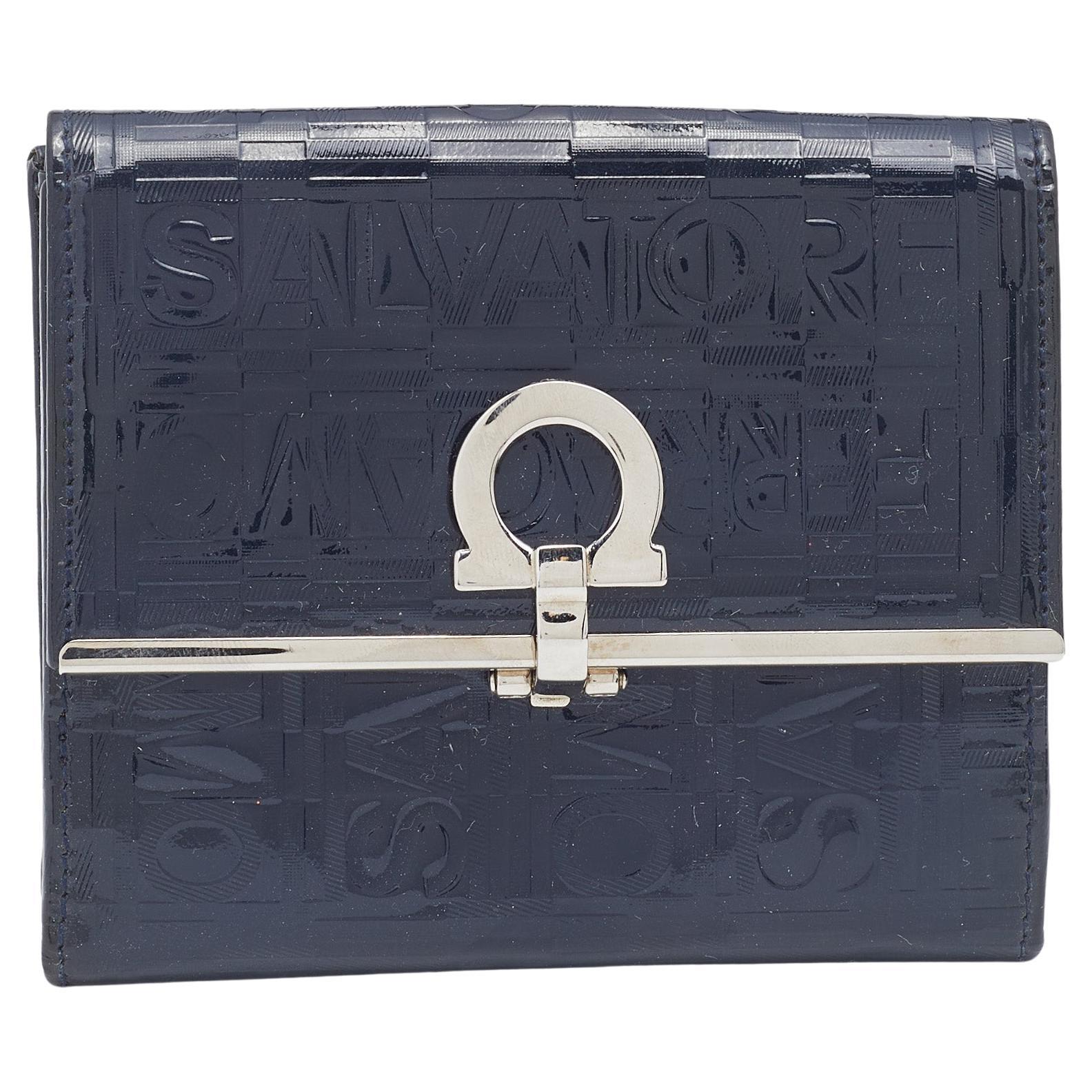 Salvatore Ferragamo Navy Blue Logo Embossed Patent Leather Gancini French Wallet