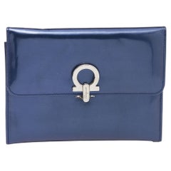 Salvatore Ferragamo Navy Blue Patent Leather Gancini Lock Flap Clutch