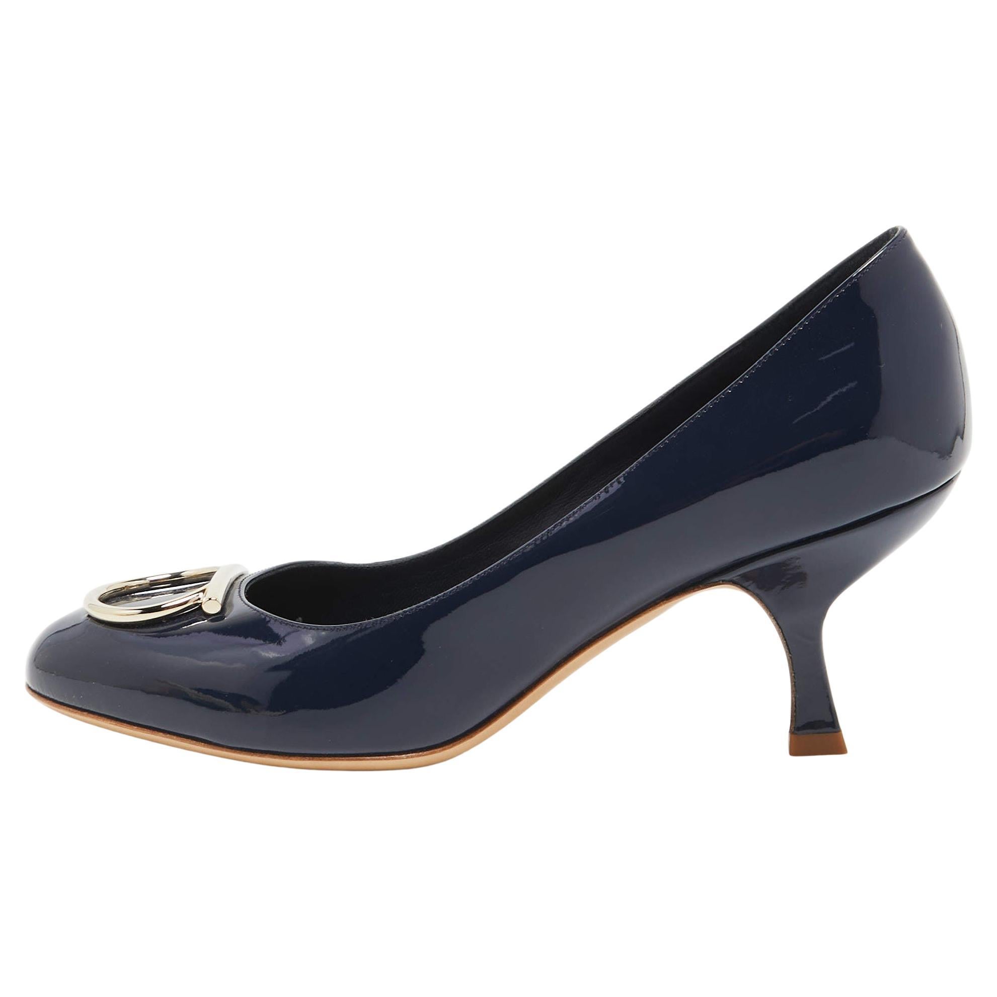 Salvatore Ferragamo Navy Blue Patent Leather Serina Pumps Size 38