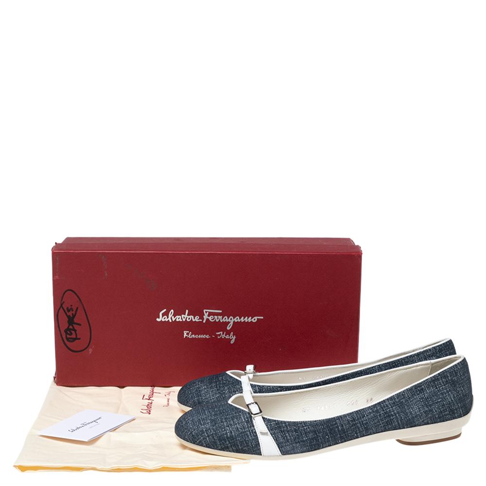 Salvatore Ferragamo Navy Blue/White Denim and Leather Ballet Flats Size 40.5 1