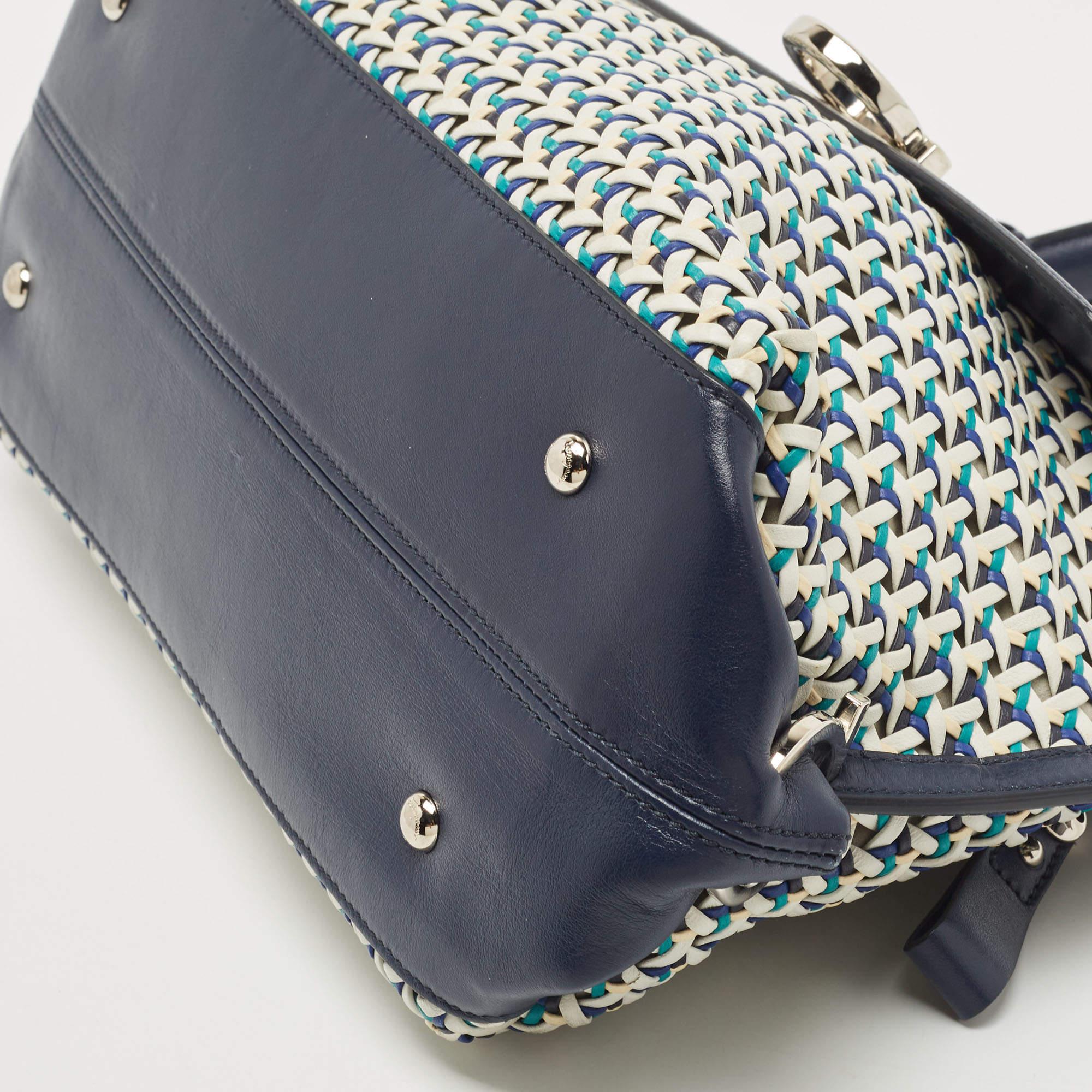 Salvatore Ferragamo Navy Blue Woven Leather Medium Sofia Top Handle Bag 10