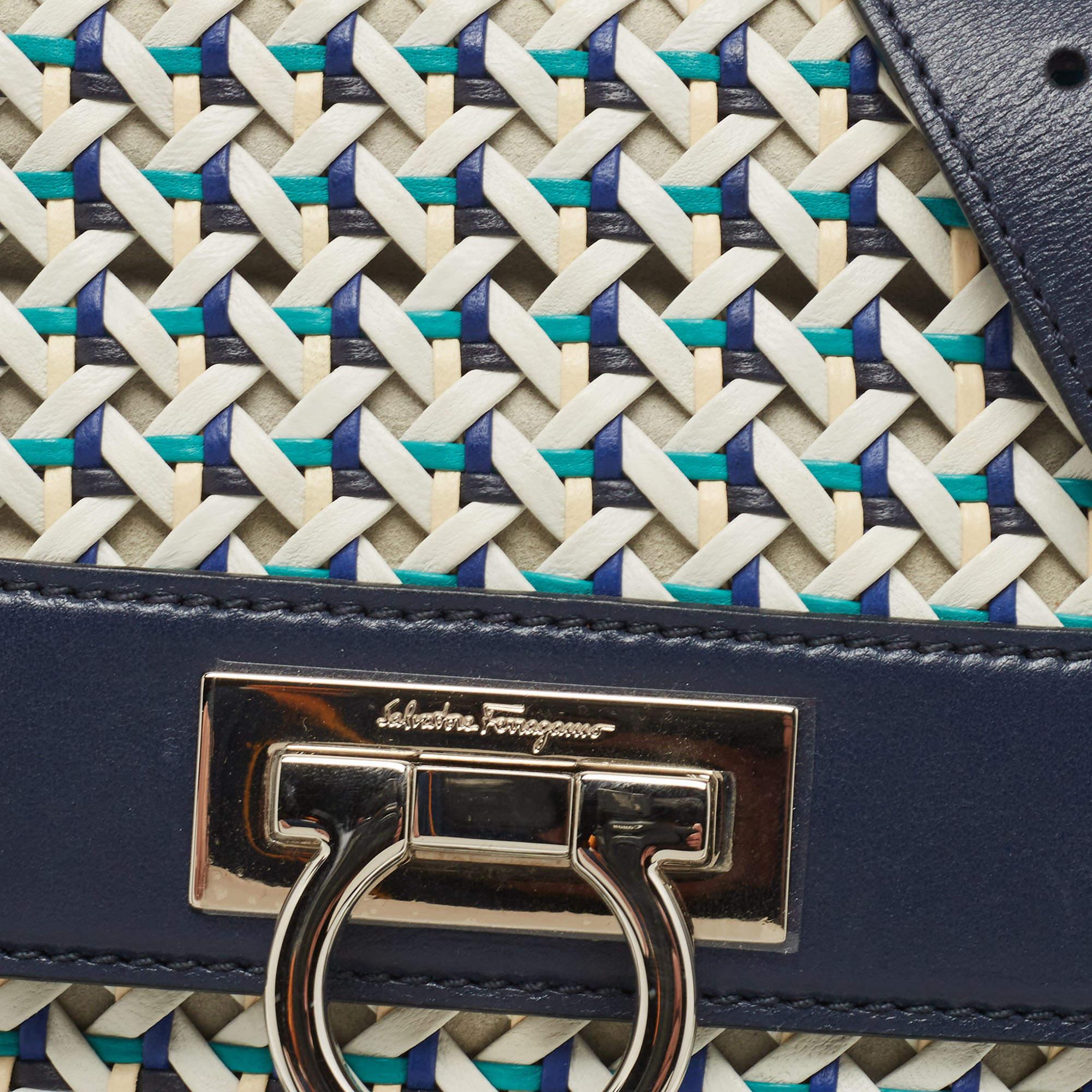 Salvatore Ferragamo Navy Blue Woven Leather Medium Sofia Top Handle Bag 11