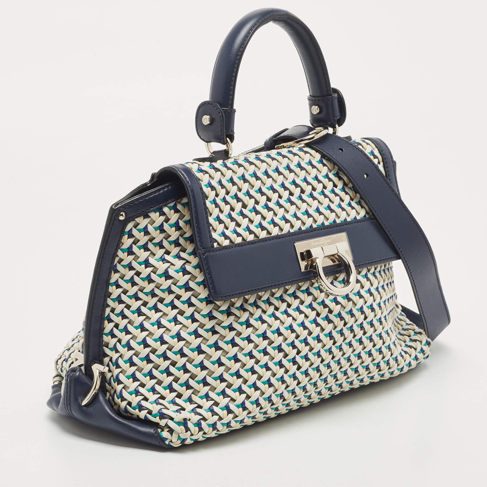 Women's Salvatore Ferragamo Navy Blue Woven Leather Medium Sofia Top Handle Bag