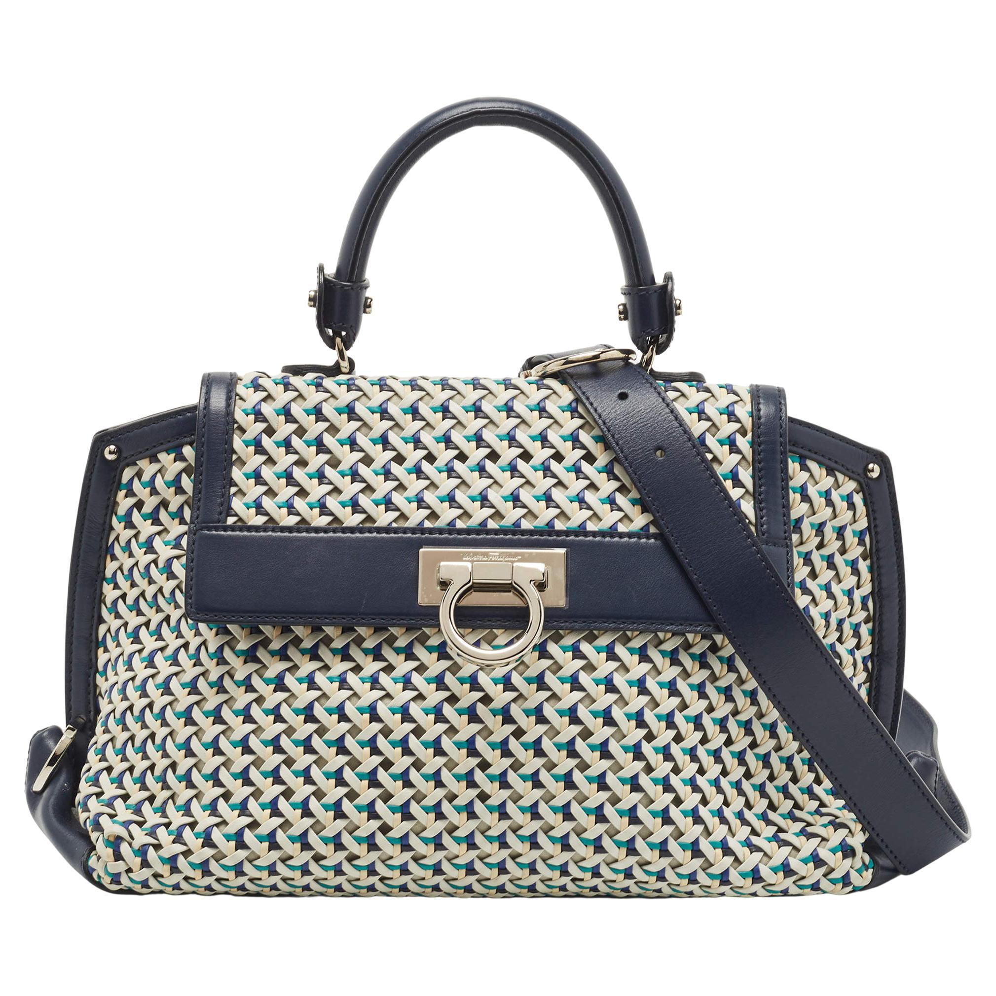 Salvatore Ferragamo Navy Blue Woven Leather Medium Sofia Top Handle Bag