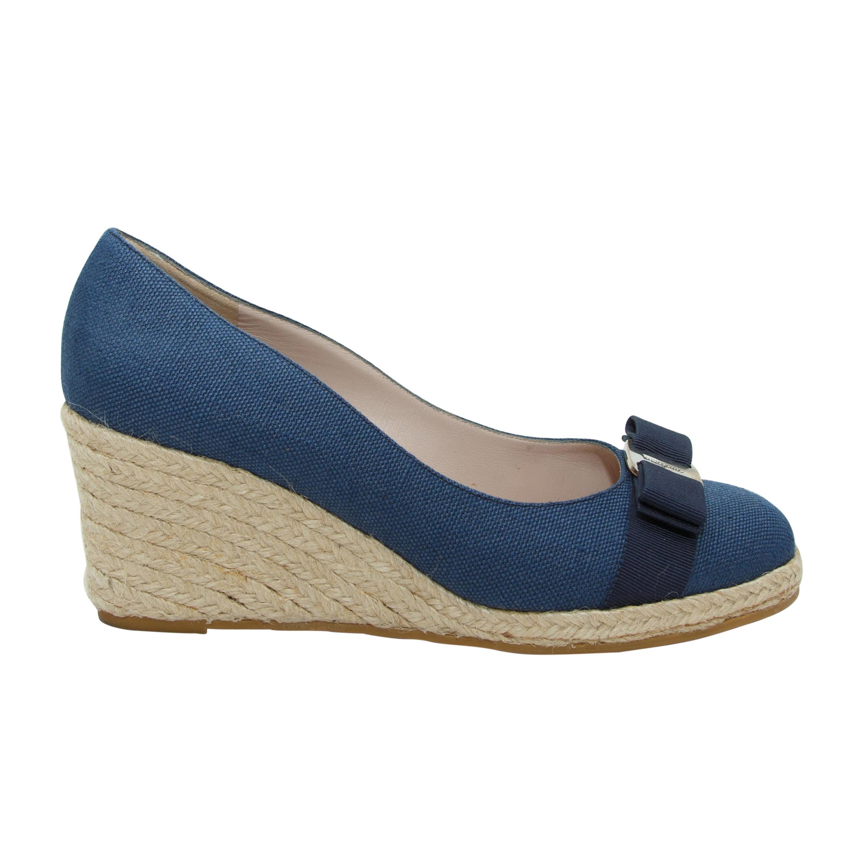 Salvatore Ferragamo Navy Canvas Wedges