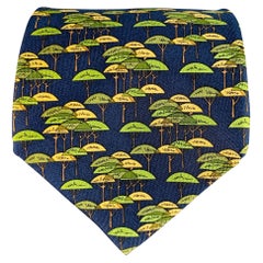 SALVATORE FERRAGAMO Navy Green Abstract Tree Silk Tie