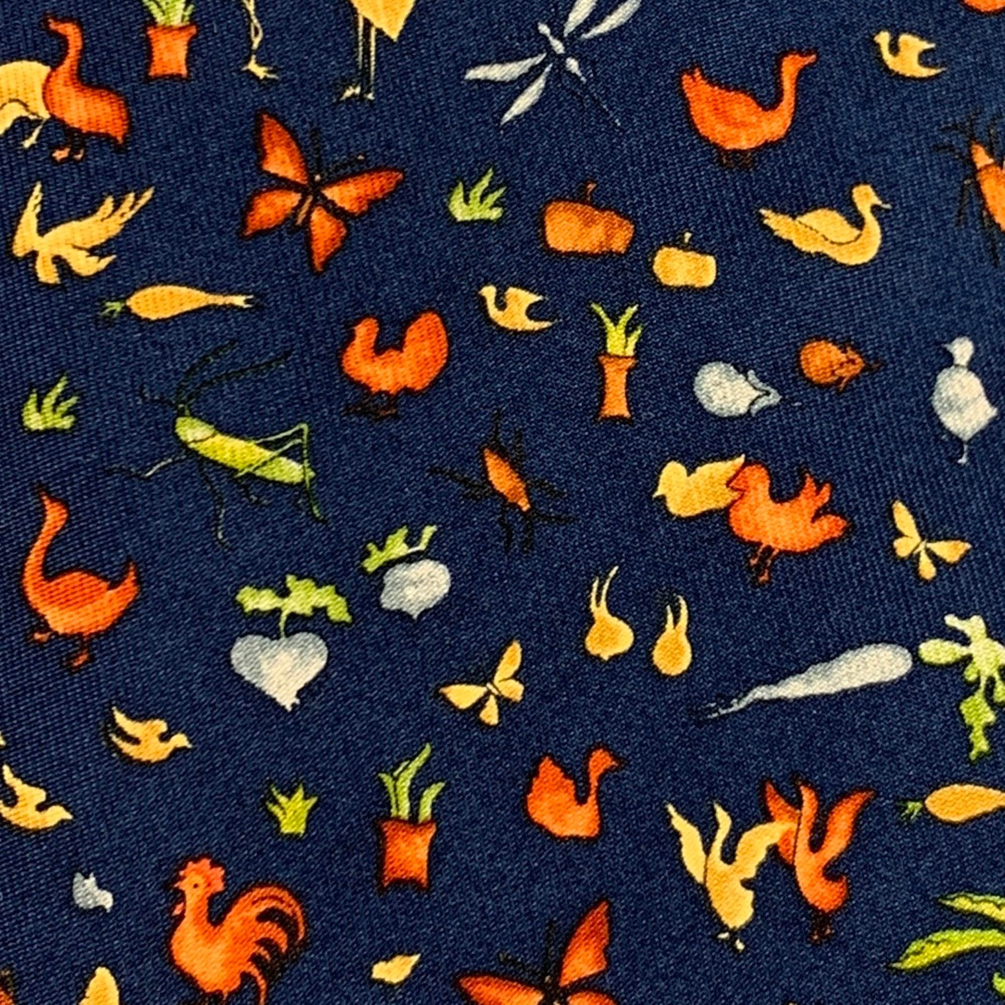 SALVATORE FERRAGAMO Navy Orange Animals Silk Tie In Excellent Condition For Sale In San Francisco, CA
