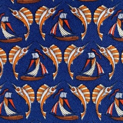 SALVATORE FERRAGAMO Navy Orange Swordfish Nautical Silk Tie