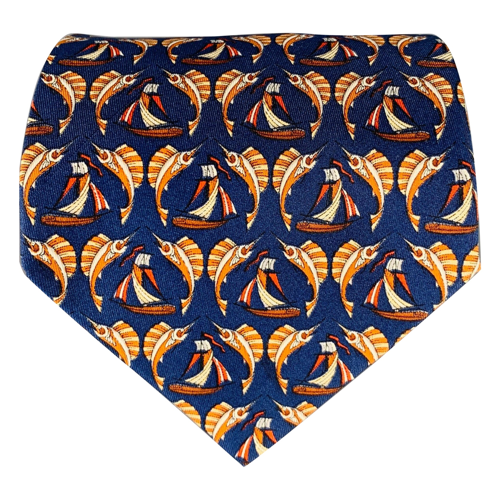 SALVATORE FERRAGAMO Navy Orange Swordfish Nautical Silk Tie