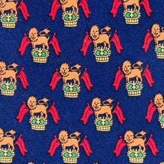 SALVATORE FERRAGAMO Navy Red Orange Lion Crest Silk Tie