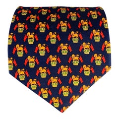 SALVATORE FERRAGAMO Navy Red Orange Lion Crest Silk Tie
