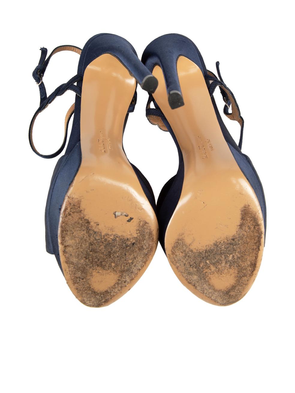 Women's Salvatore Ferragamo Navy Satin Heeled Sandals Size US 7.5 For Sale