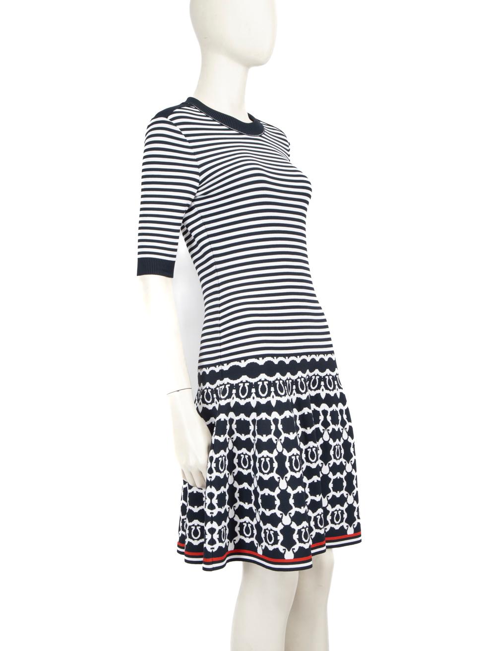 CONDITION is Never worn. No visible wear to the dress is evident on this new Salvatore Ferragamo designer resale item.
 
 Details
 
 
 Navy
 
 Viscose
 
 Dress
 
 Knee length
 
 Short sleeves
 
 Striped
 
 Abstract print
 
 Flared
 
 Round neck
 
 
