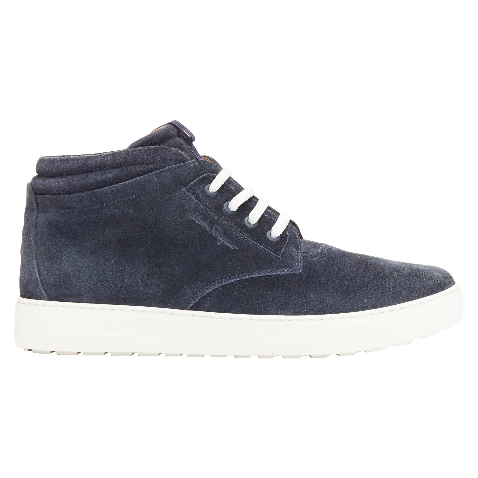 SALVATORE FERRAGAMO navy suede logo deboss high top sneakers UK8.5 EU42.5