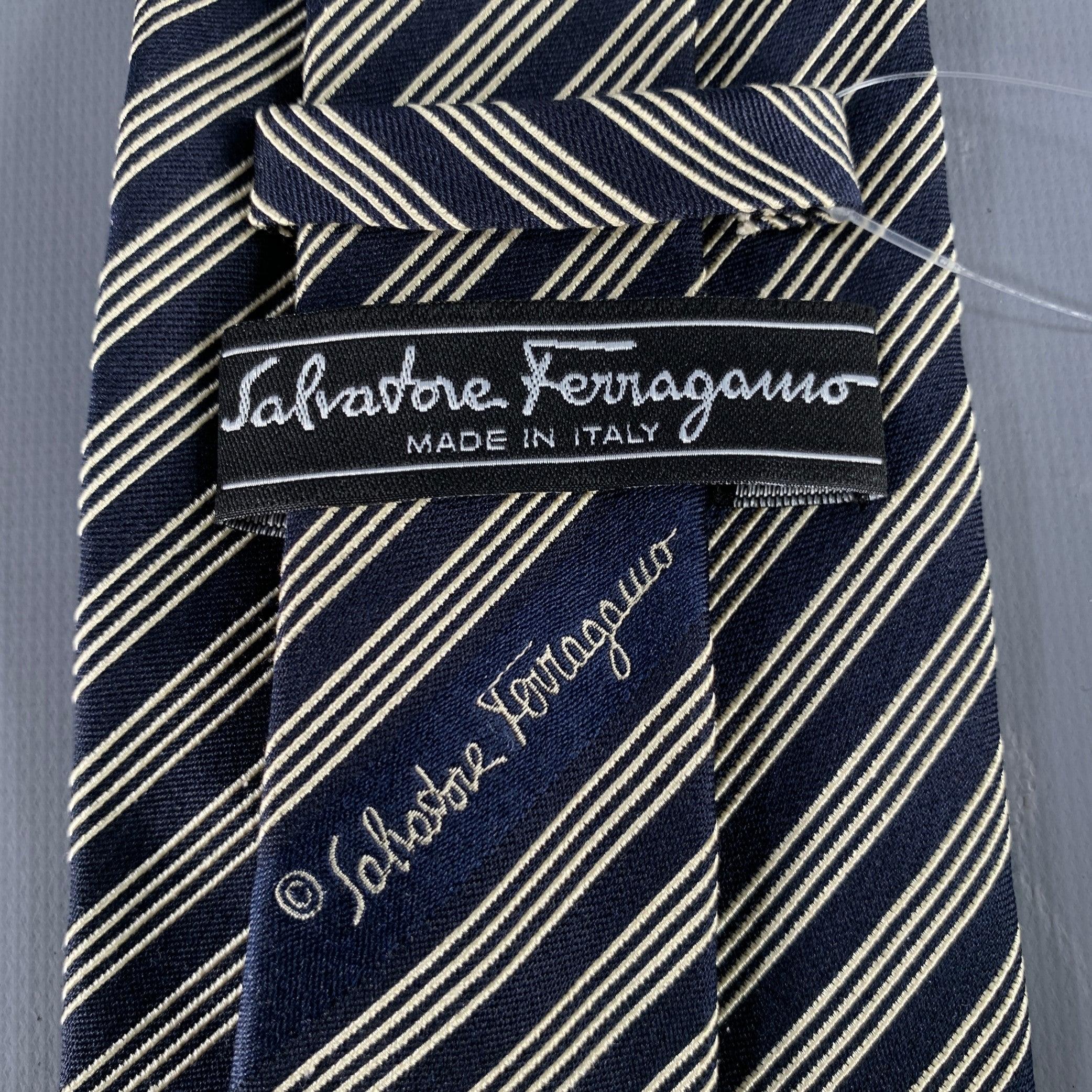 Black SALVATORE FERRAGAMO Navy White Diagonal Stripe Silk Tie