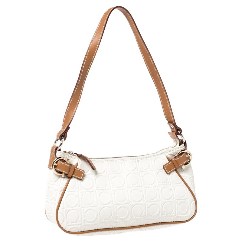 Beige Salvatore Ferragamo Off White/Brown Gancini Embossed Leather Shoulder Bag