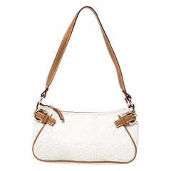 Salvatore Ferragamo Off White/Brown Gancini Embossed Leather Shoulder Bag