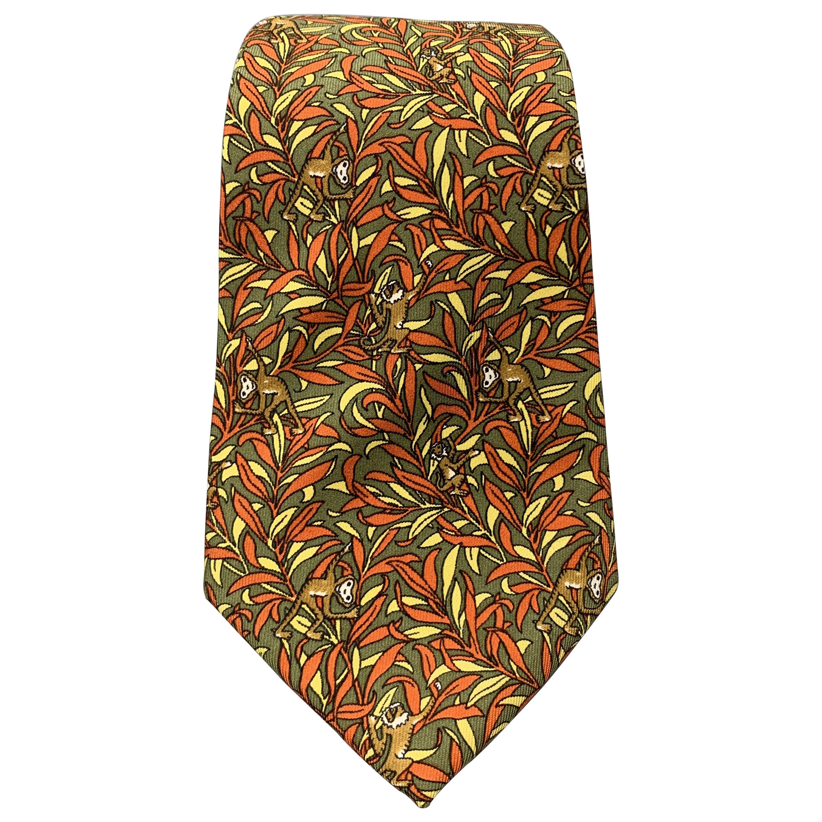 SALVATORE FERRAGAMO Olive Green and Orange Silk Monkey Print Tie at 1stDibs