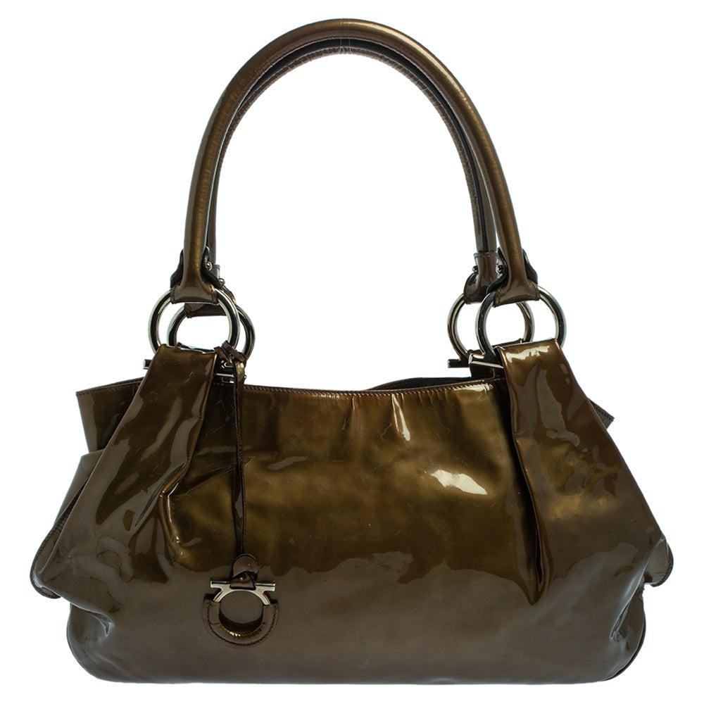 Salvatore Ferragamo Olive Green Patent Leather Shoulder Bag For Sale