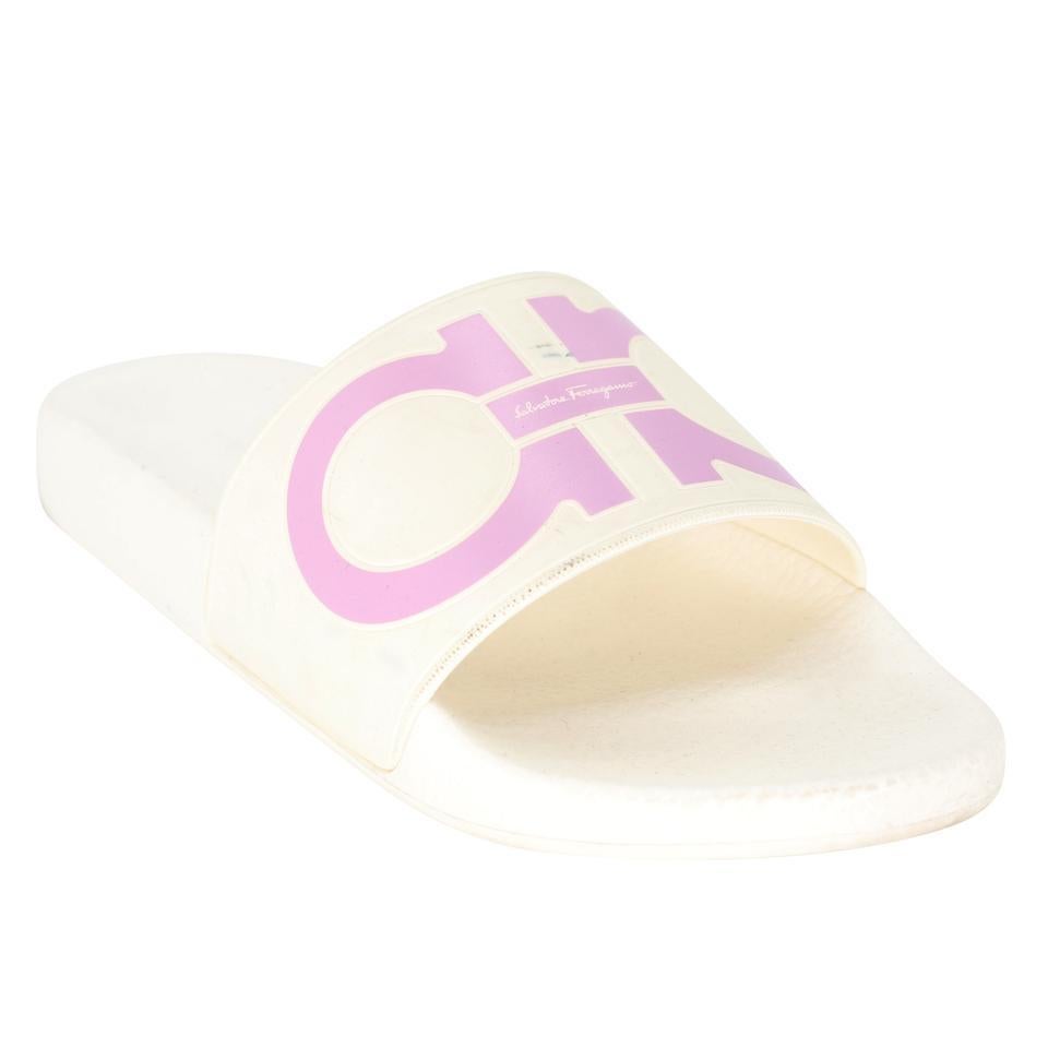 Beige Salvatore Ferragamo Omega Gancini 9 Logo Rubber Slide On Sandals SF-S06013P-0006 For Sale