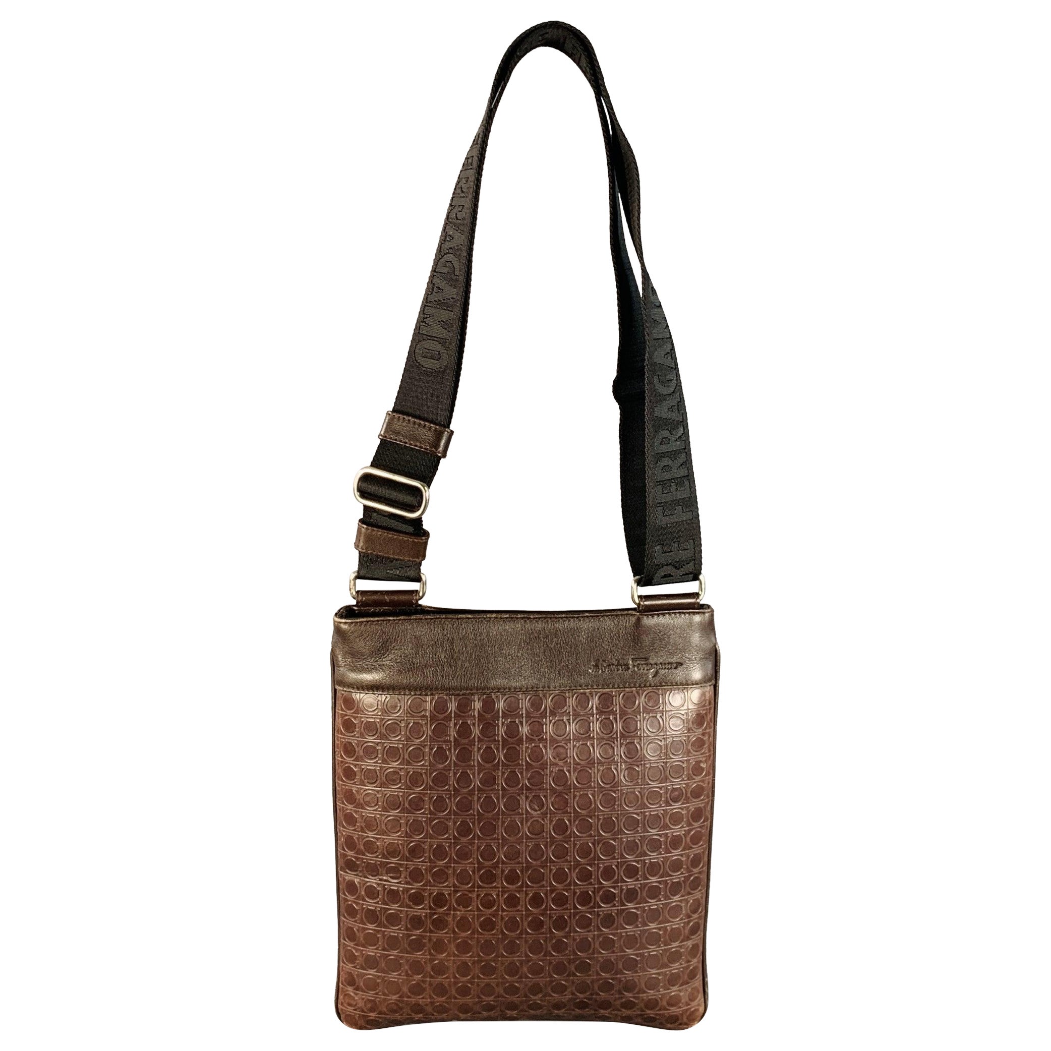 SALVATORE FERRAGAMO One Size Brown Black Leather Nylon Embossed Logo Crossbody Bag