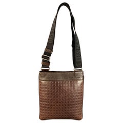 SALVATORE FERRAGAMO One Size Brown Black Leather Nylon Embossed Logo Crossbody Bag
