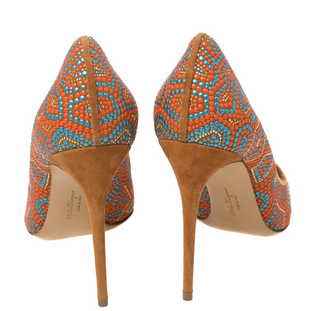 Brown Salvatore Ferragamo Orange/Blue Beaded Mosaic Fiore Pumps Size 39.5