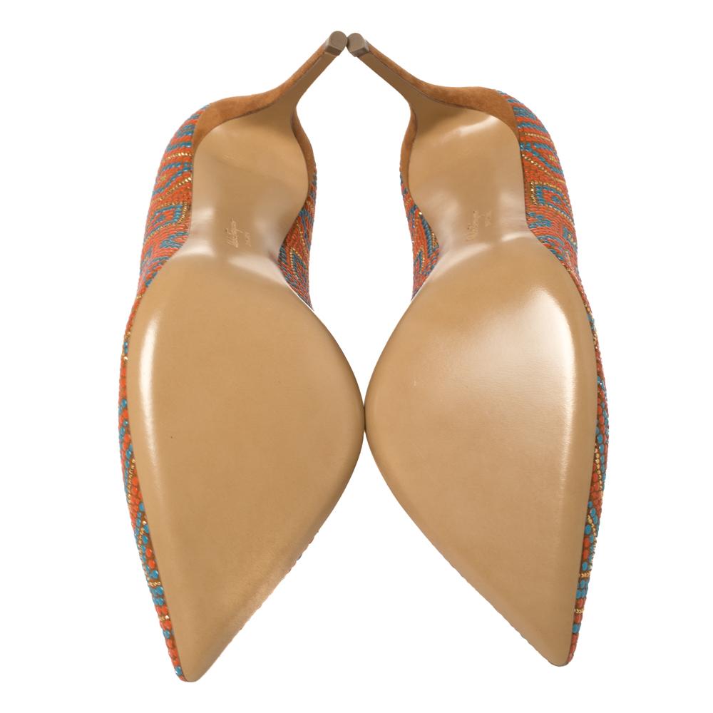 Salvatore Ferragamo Orange/Blue Beaded Mosaic Fiore Pumps Size 39.5 In New Condition In Dubai, Al Qouz 2