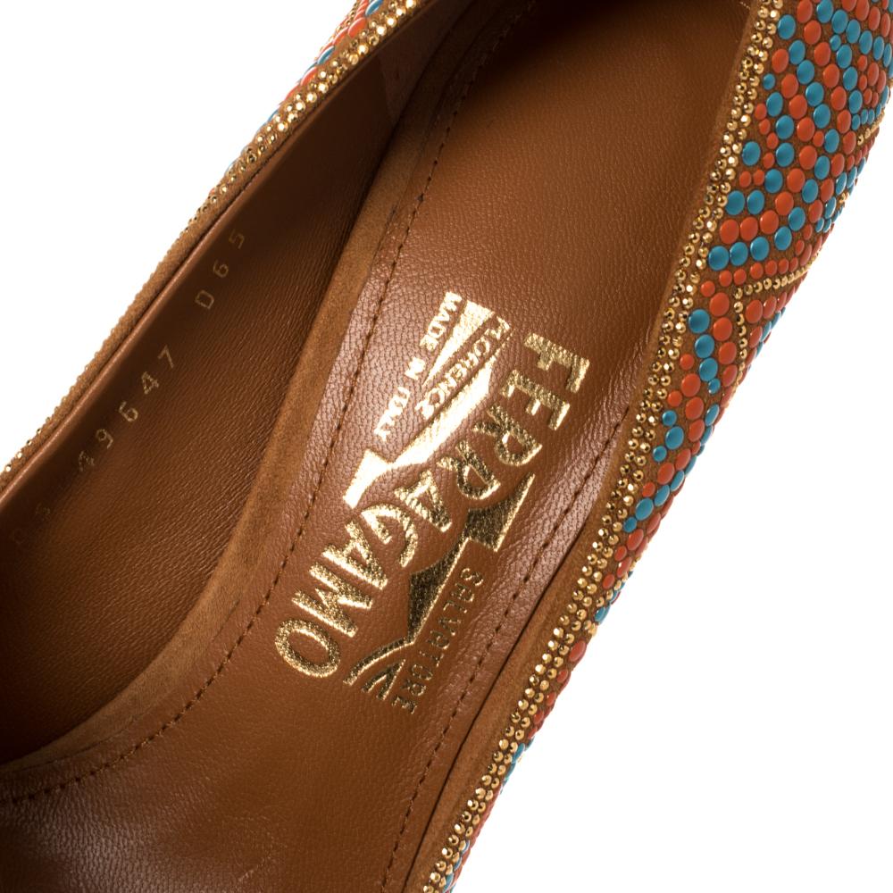 Women's Salvatore Ferragamo Orange/Blue Beaded Mosaic Fiore Pumps Size 39.5