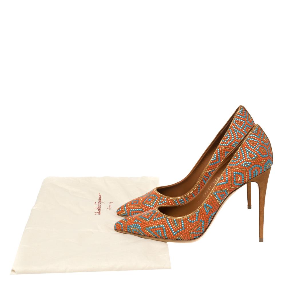 Salvatore Ferragamo Orange/Blue Beaded Mosaic Fiore Pumps Size 39.5 1