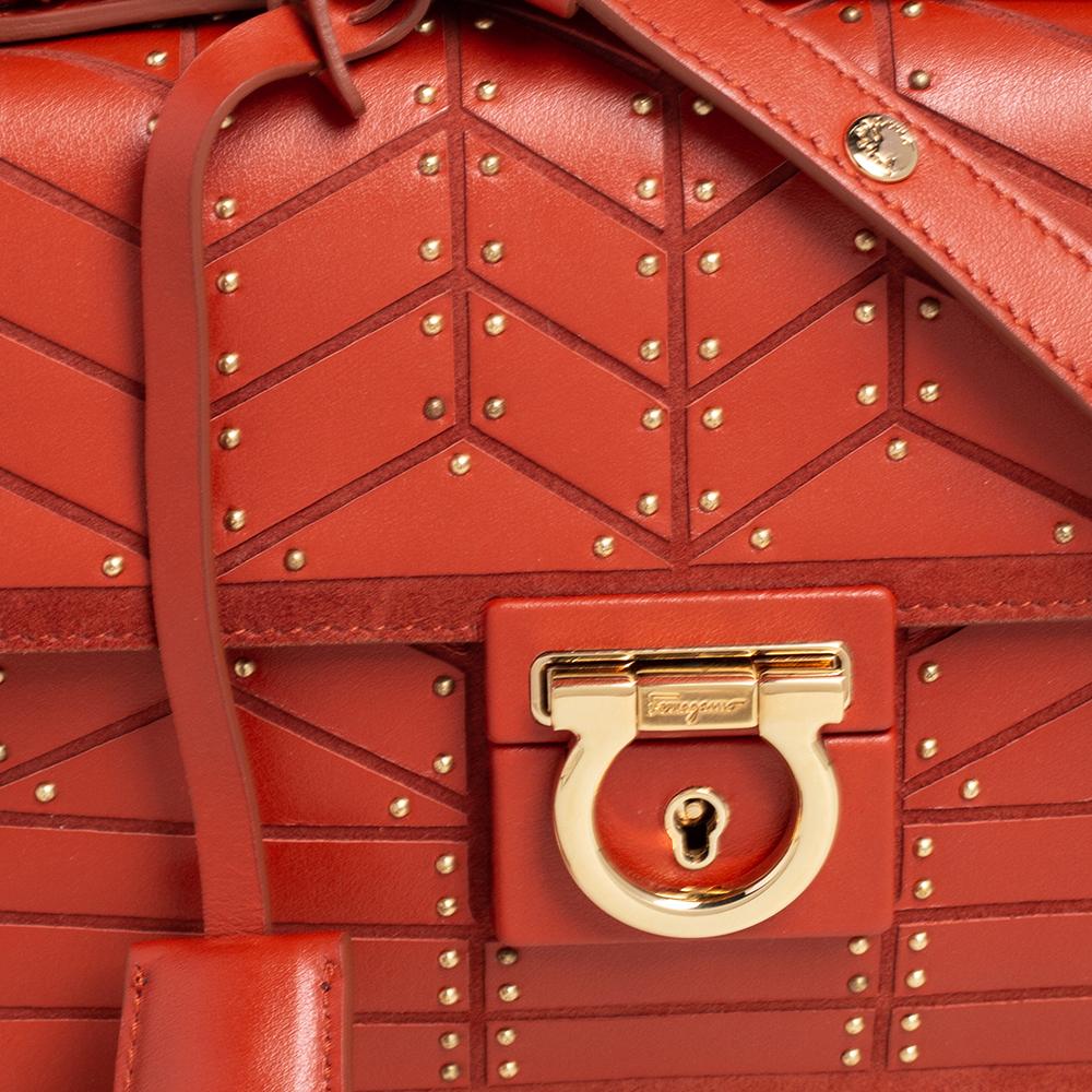 Red Salvatore Ferragamo Orange Leather and Suede Studded Aileen Shoulder Bag