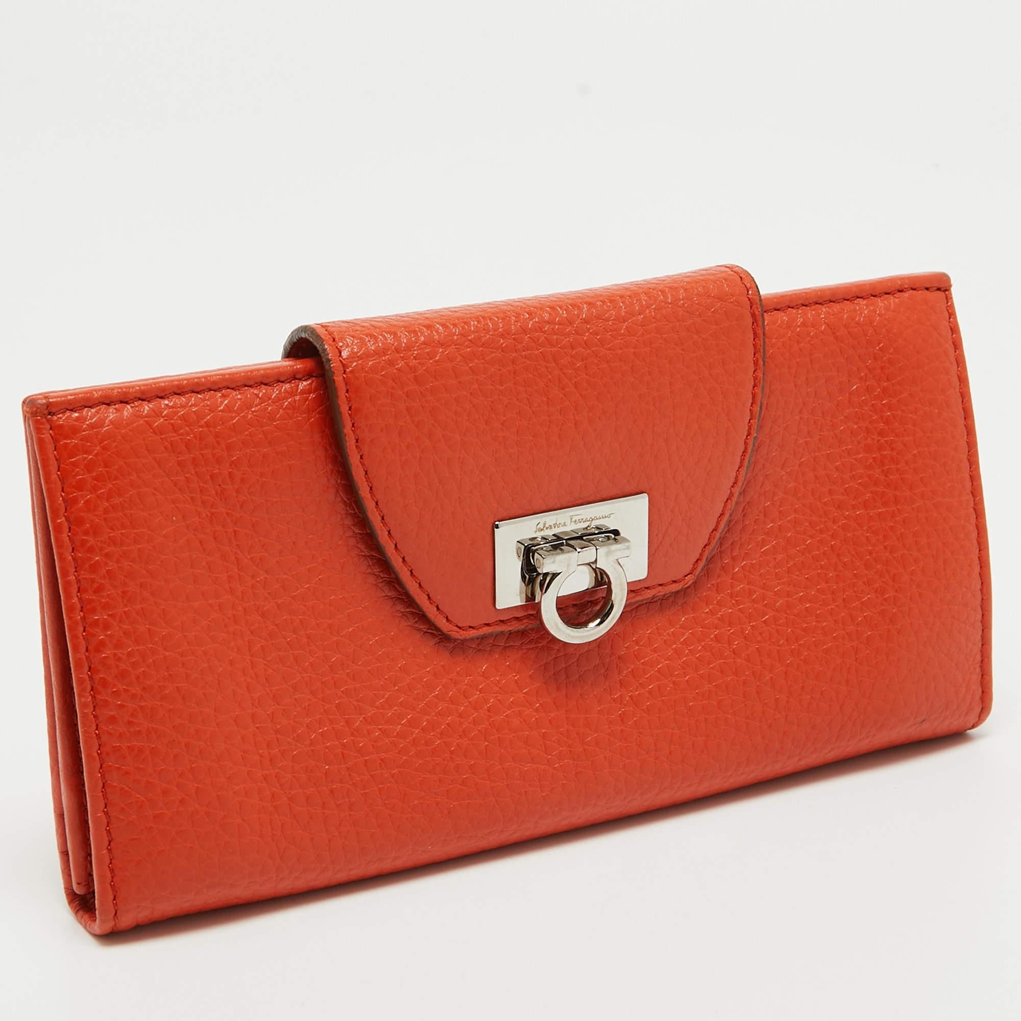 Salvatore Ferragamo Orange Leather Gancini Clasp Flap Wallet 5