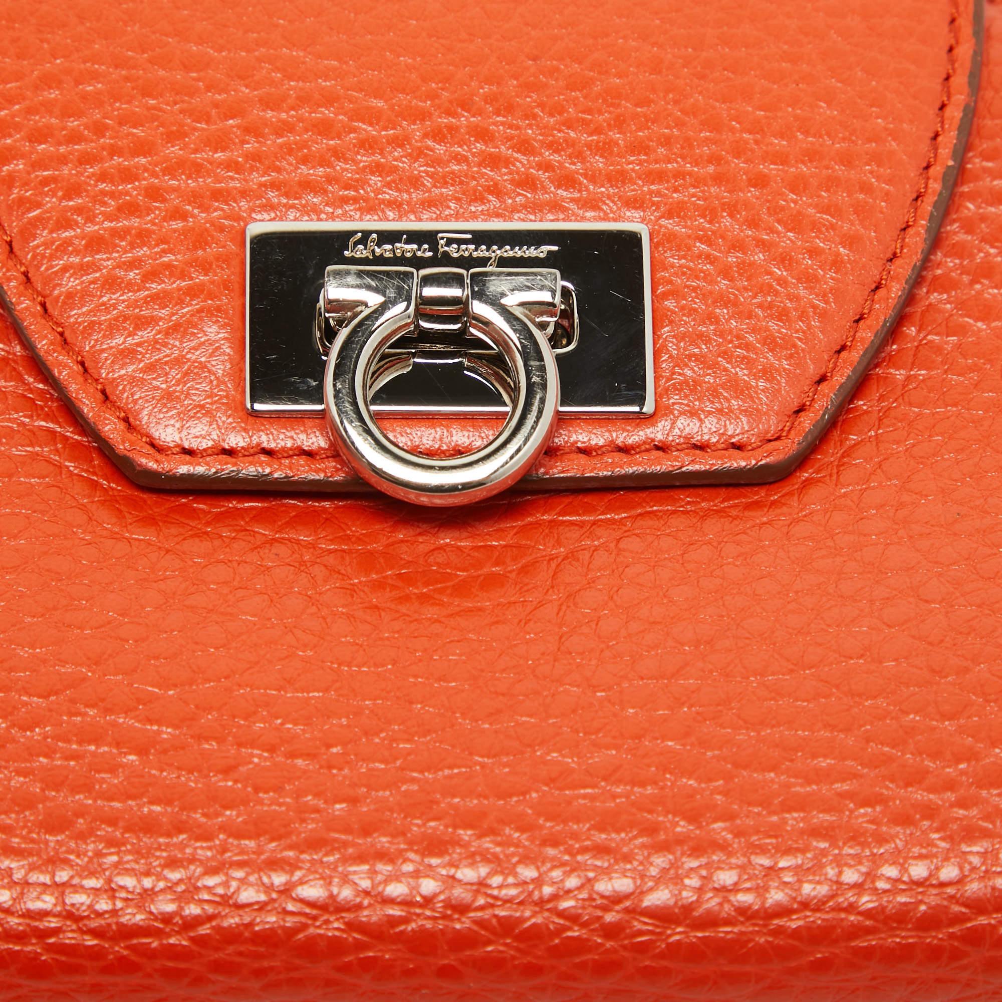Salvatore Ferragamo Orange Leather Gancini Clasp Flap Wallet For Sale 1