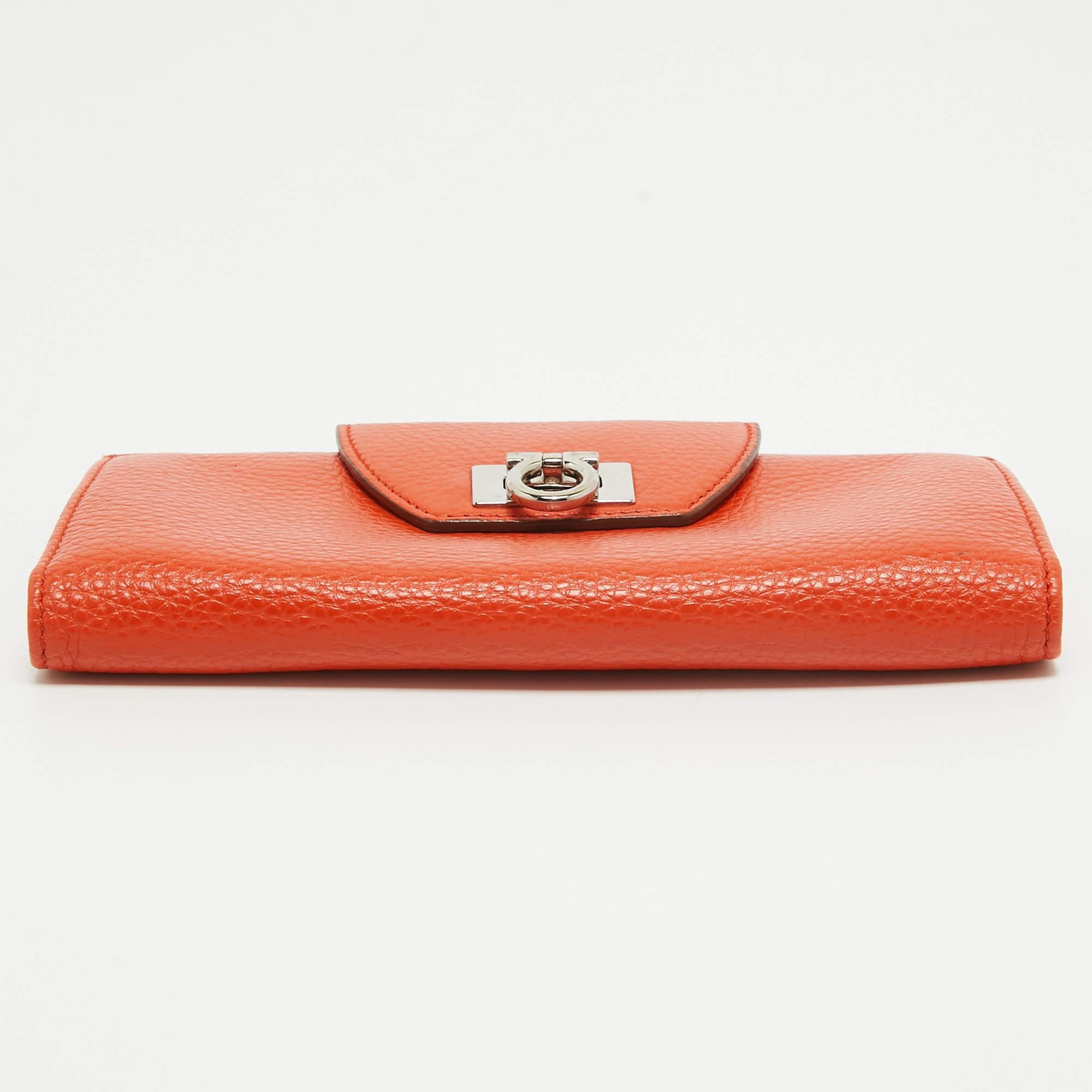 Salvatore Ferragamo Orange Leather Gancini Clasp Flap Wallet For Sale 2