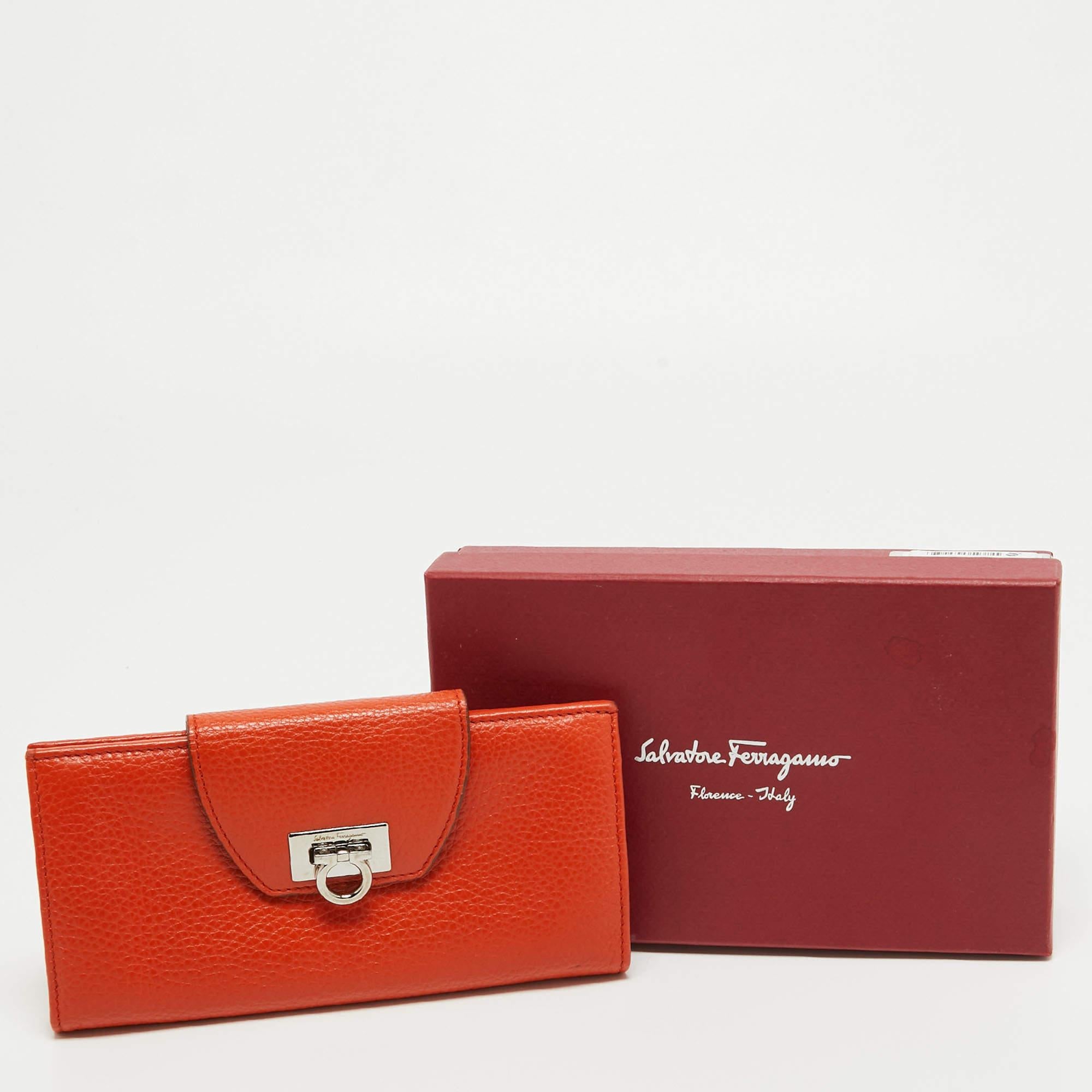Salvatore Ferragamo Orange Leather Gancini Clasp Flap Wallet For Sale 5