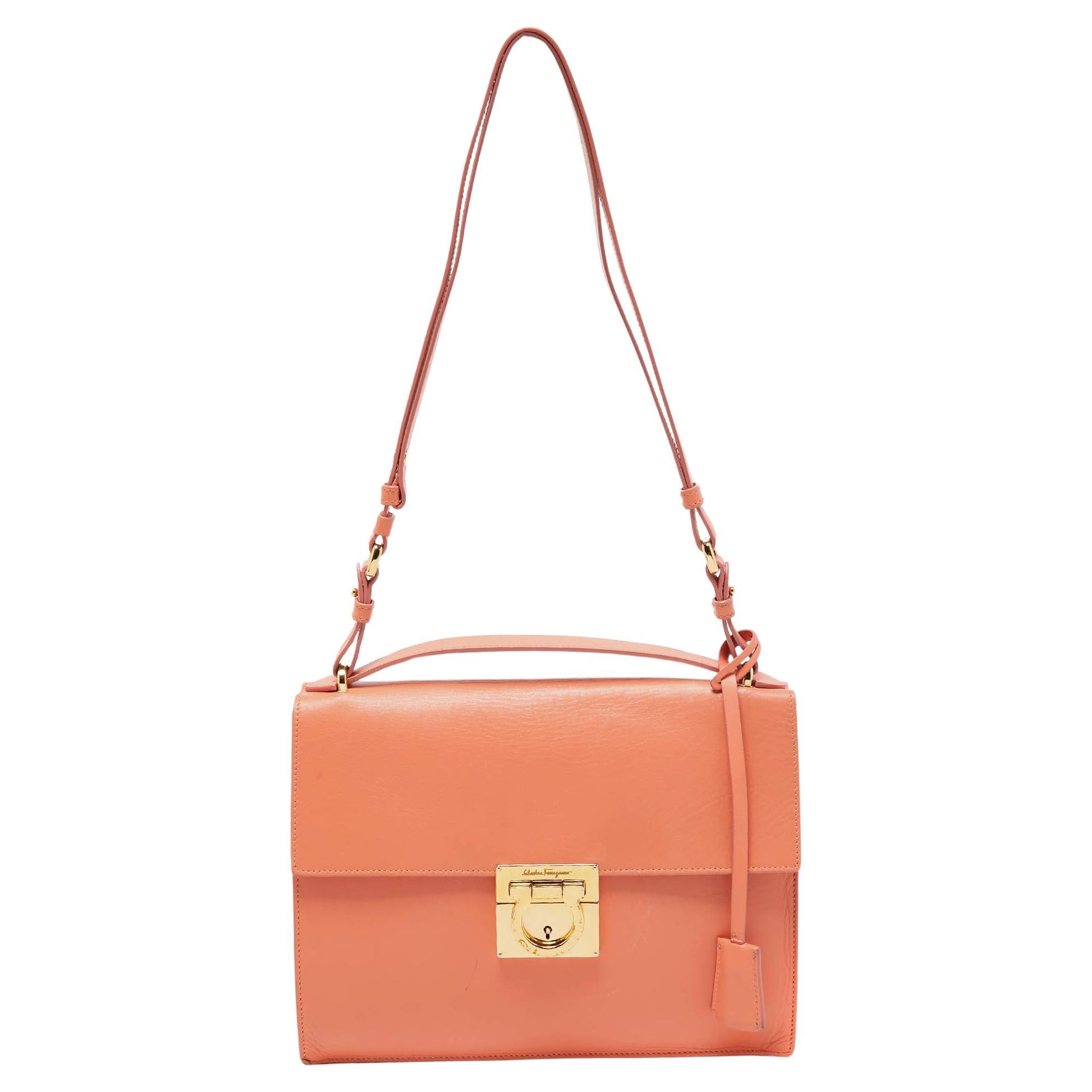 Salvatore Ferragamo Orange Leather Marisol Top Handle Bag For Sale
