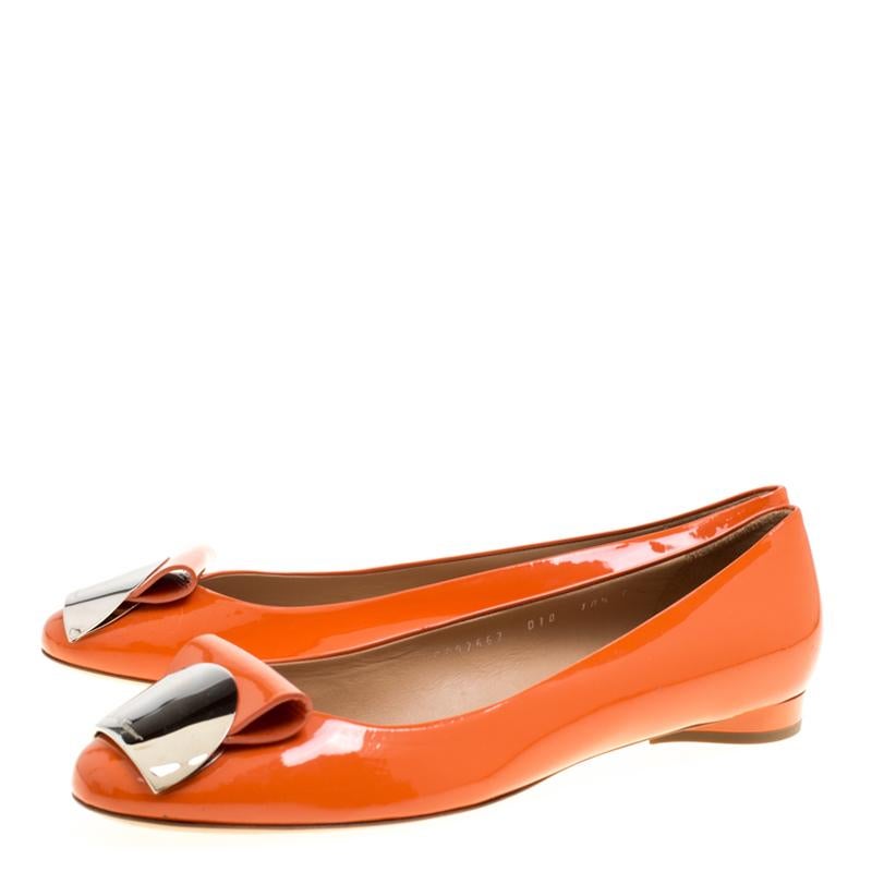 Salvatore Ferragamo Orange Patent Leather Posi Flats Size 41 1