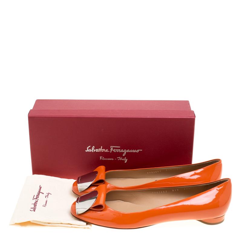 Salvatore Ferragamo Orange Patent Leather Posi Flats Size 41 4